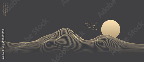 Fototapeta Naklejka Na Ścianę i Meble -  Vector abstract art landscape mountain with birds and sunrise sunset by golden line art texture isolated on dark grey black background. Minimal luxury style for wallpaper, wall art decoration.