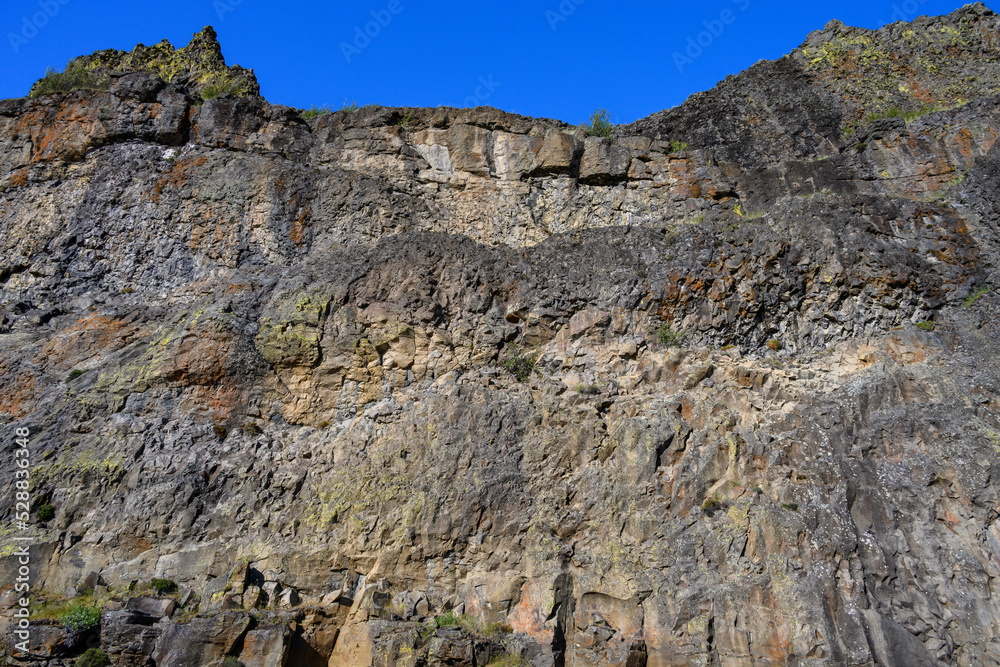 Scenic basalt rock cliffs with lichen on a sunny spring day, as a nature background
