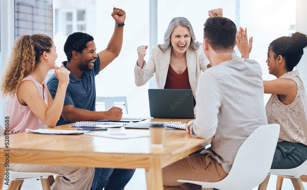 Fototapeta premium Business people celebration meeting goal, target and success while cheering during a meeting in a office. Advertising and marketing team happy about company profit and bonus salary from project