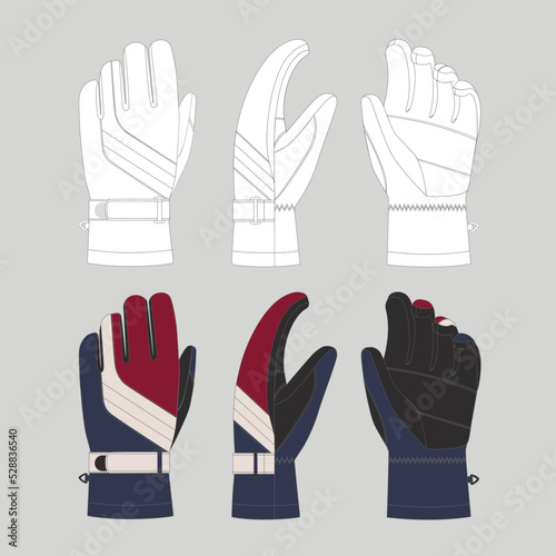  gloves for skiing or snowboarding, sketch of winter blue red gloves for winter sports