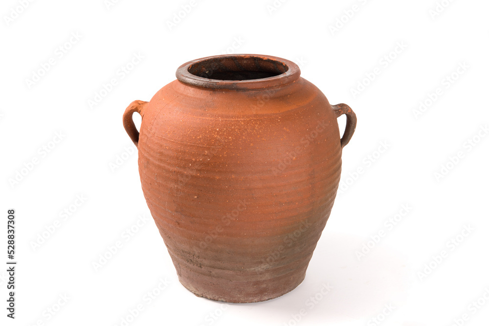 empty old clay pot isolated on white background.