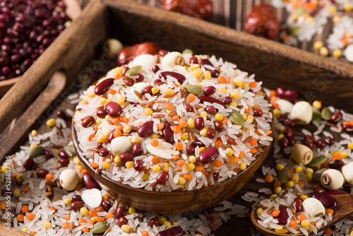 mixed grains on table.Raw Ingredients Making Laba Porridge