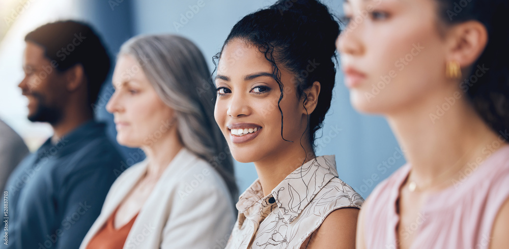 Learning, education and training with business woman in meeting with smile in seminar, conference and coaching workshop. Portrait of girl employee in audience of business meeting team trade show Learning, education and training with business woman in meeting with smile in seminar, conference and coaching workshop. Portrait of girl employee in audience of business meeting team trade show