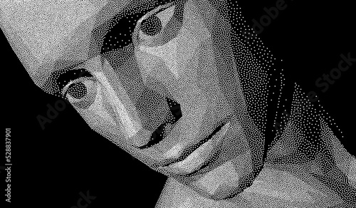 Abstract man head made from dots. Side view of dotted face background. Cover design template. 3D vector illustration for banner, flyer, poster or brochure.