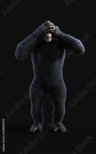 3d Illustration Chimpanzee monkeys  standing and closing the eyes isolated on black background.