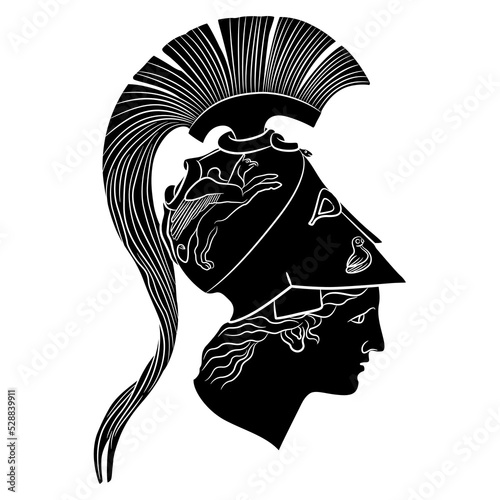 Head of Athena Piraeus. Ancient Greek warrior goddess wearing crested helmet. Antique sculpture. Black and white negative silhouette.