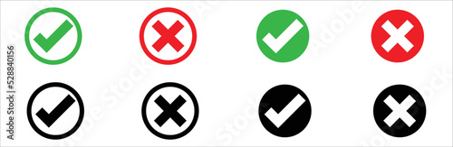 Green check mark, red cross mark icon set. Check mark and cross icons in circle. Isolated. Vector illustration. symbol