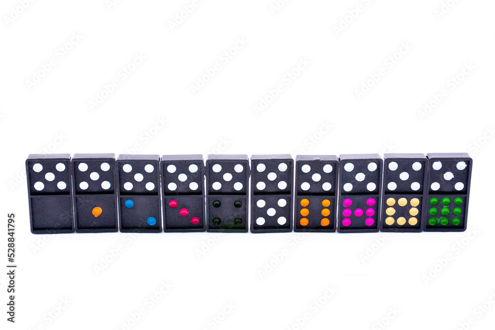 domino on white background and empty space Copy space, family game, straight line of business. domino on white background and empty space Copy space, family game, straight line of business.