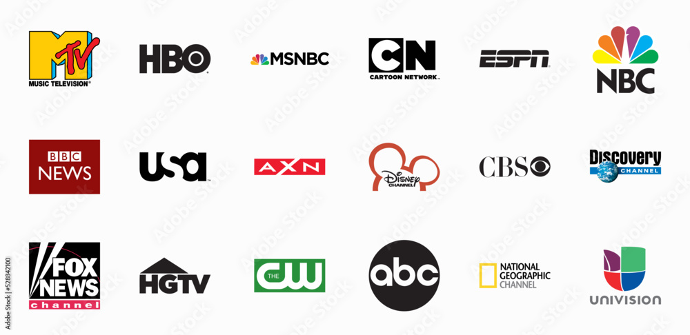 Most Popular TV Channels logo collection: HBO, NBC, MTV Music Television, Cartoon  Network, AXN, ESPN, BBC News, Fox News Channel, Editorial vector  illustration. Stock Vector | Adobe Stock