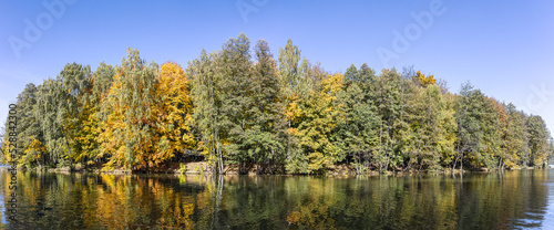 autumn forest panoramic landscape. colorful trees on lake shore with reflection..