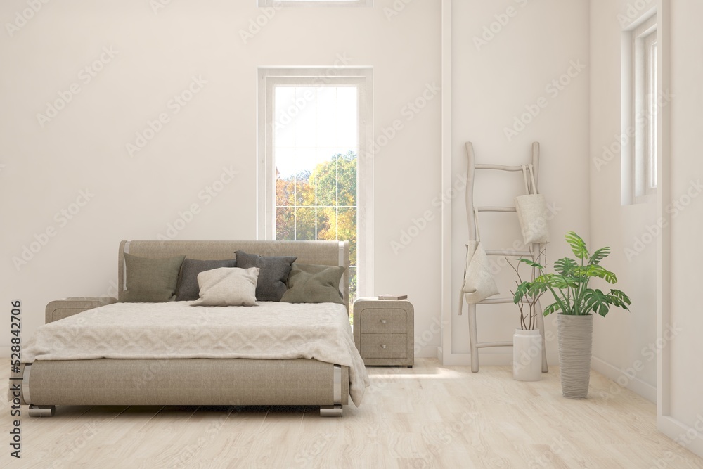 White bedroom interior. Scandinavian design. 3D illustration White bedroom interior. Scandinavian design. 3D illustration