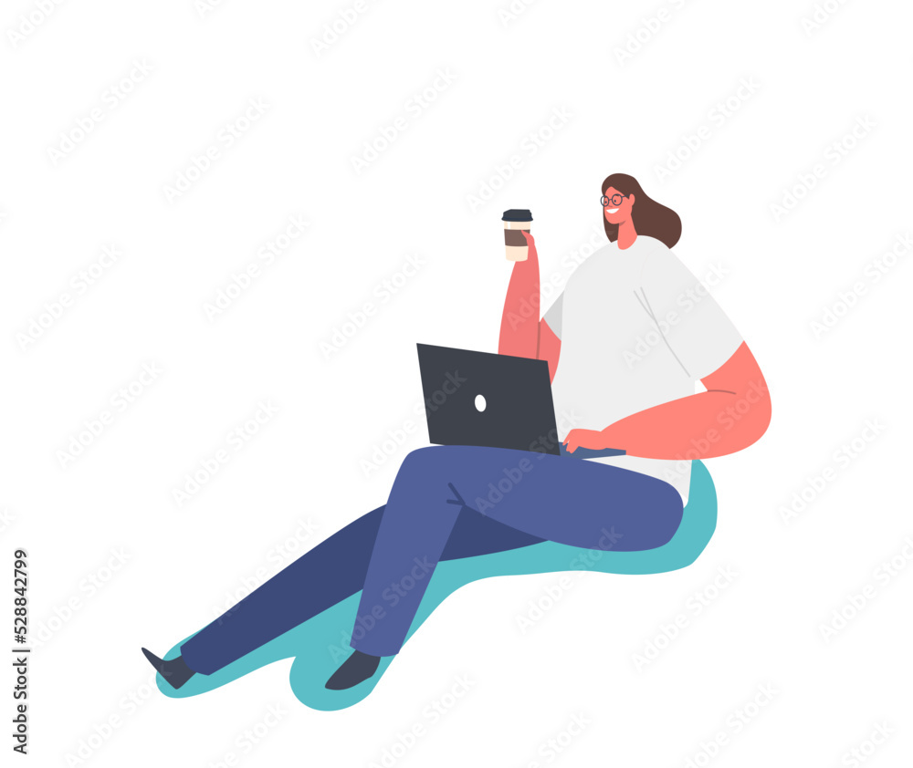 Female Character Work on Laptop with Cup of Coffee in Hand Isolated on White Background. Woman Freelancer Work on Pc Female Character Work on Laptop with Cup of Coffee in Hand Isolated on White Background. Woman Freelancer Work on Pc