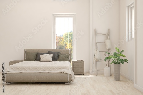 White bedroom interior. Scandinavian design. 3D illustration © AntonSh