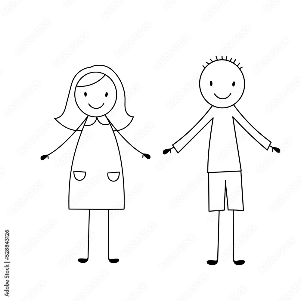 Cute stick smiling girl and boy. Vector illustration in doodle style isolated on white