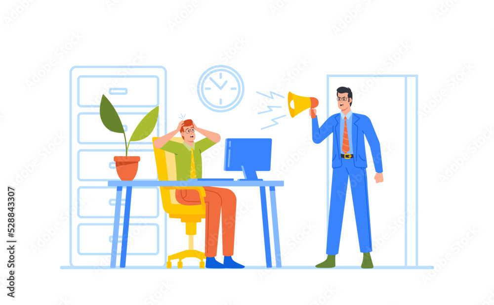 Angry Furious Boss Character Yelling to Megaphone on Anxious Employee Sitting at Desk with Computer, Worker in Stress