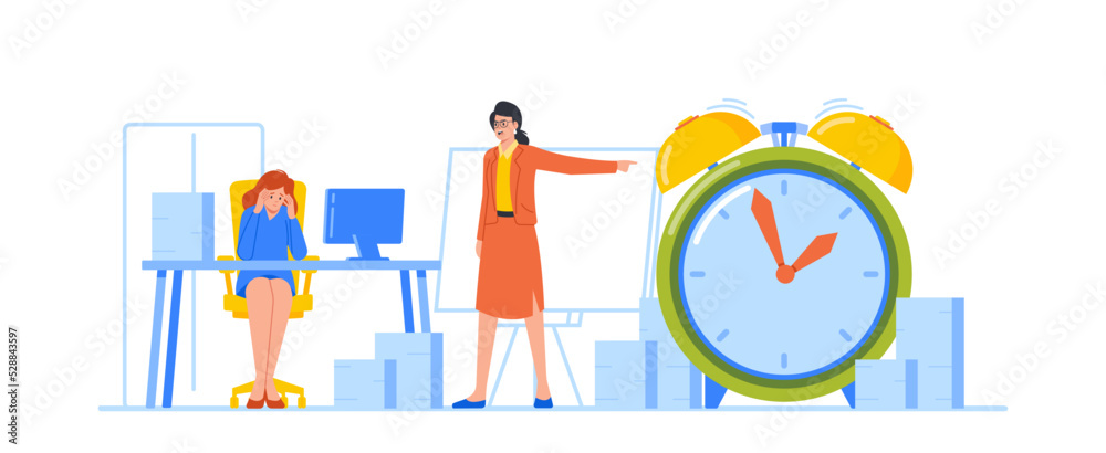 Angry Boss Character Yell on Office Employee Showing on Alarm Clock. Woman Worker Sitting at Desk with Computer Angry Boss Character Yell on Office Employee Showing on Alarm Clock. Woman Worker Sitting at Desk with Computer
