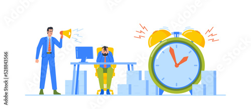 Businessman Yelling in Loudspeaker on Man Office Employee Sitting at Workplace. Company Leader Hurry Worker with Job