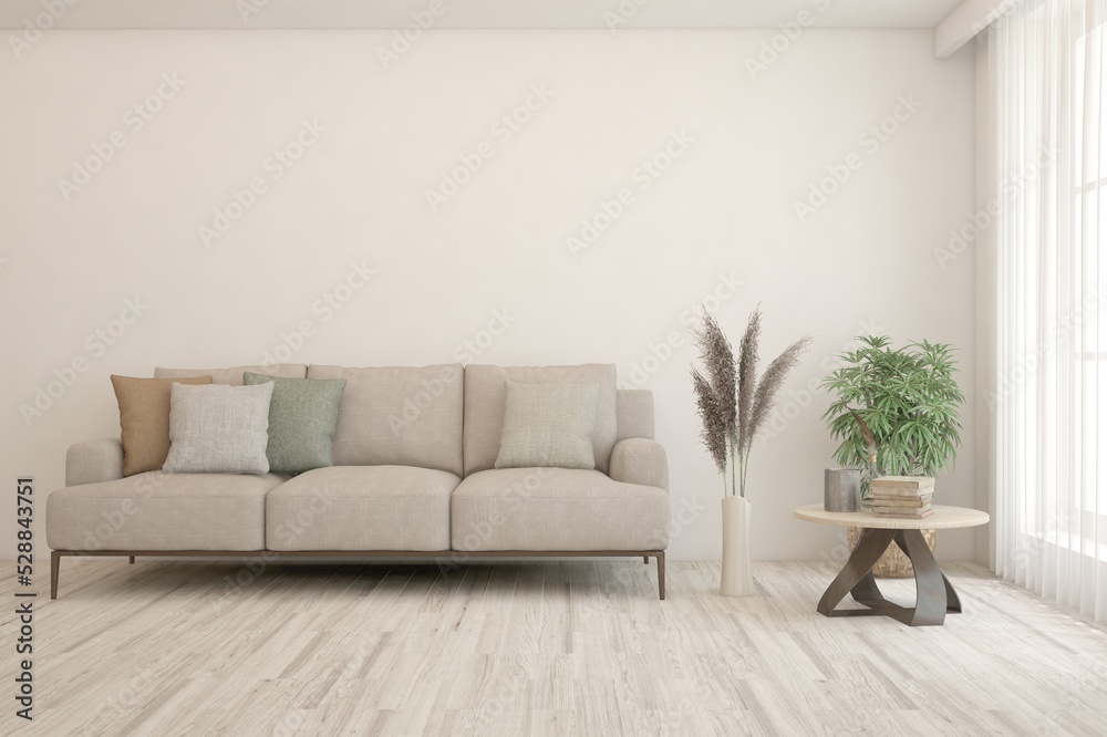 White living room with sofa. Scandinavian interior design. 3D illustration White living room with sofa. Scandinavian interior design. 3D illustration