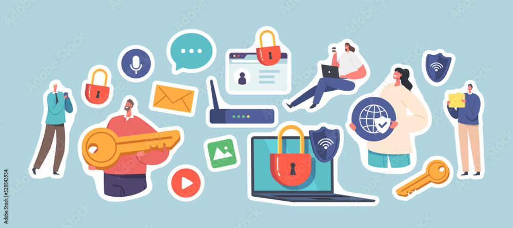 Set of Stickers Internet Safety, Computer Privacy, Data Protection, Virtual Private Network. Characters Work on Laptop Set of Stickers Internet Safety, Computer Privacy, Data Protection, Virtual Private Network. Characters Work on Laptop