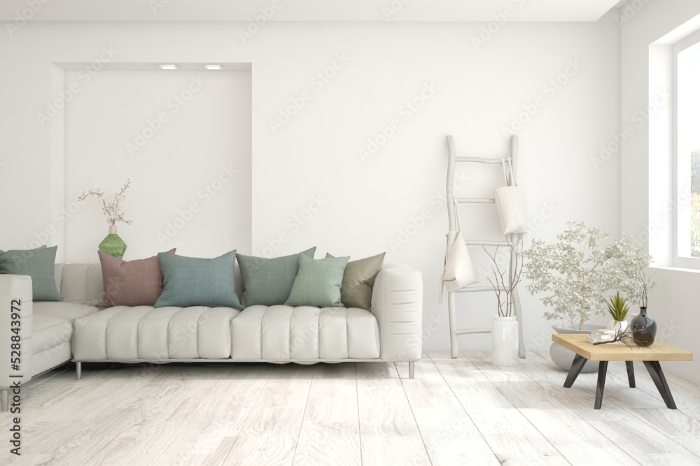Naklejka premium White living room with sofa. Scandinavian interior design. 3D illustration