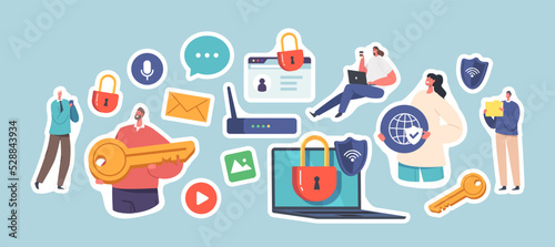 Set of Stickers Internet Safety, Computer Privacy, Data Protection, Virtual Private Network. Characters Work on Laptop