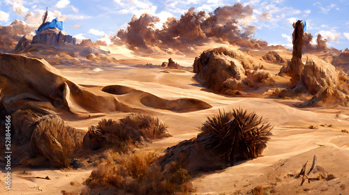 Artistic concept of painting a beautiful landscape of wild desert nature, background illustration, tender and dreamy design. 