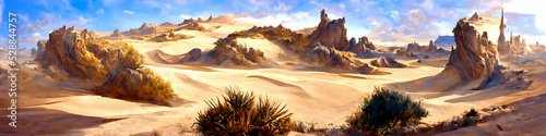 Fototapeta Artistic concept of painting a beautiful landscape of wild desert nature, background illustration, tender and dreamy design