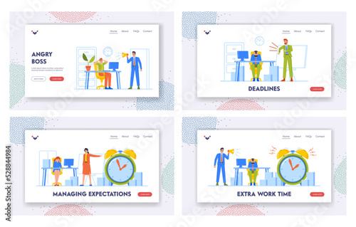 Work Deadline Landing Page Template Set. Angry Boss Yell in Loudspeaker and Showing Time with Business Characters