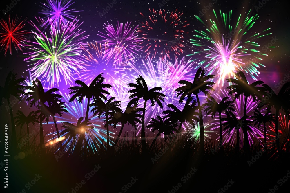 Obraz premium Digitally generated palm tree background with fireworks