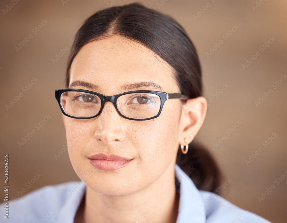 Vision, goal and leadership woman in glasses looking confident for career motivation or job management. Insurance, trust and care of optometrist, specialist or expert with eyewear experience portrait Vision, goal and leadership woman in glasses looking confident for career motivation or job management. Insurance, trust and care of optometrist, specialist or expert with eyewear experience portrait