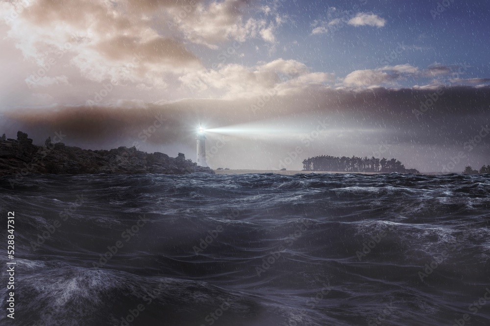 Obraz premium Stormy sea with lighthouse