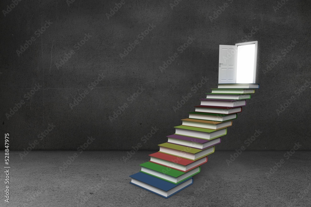 Fototapeta premium Steps made from books leading to door in grey room