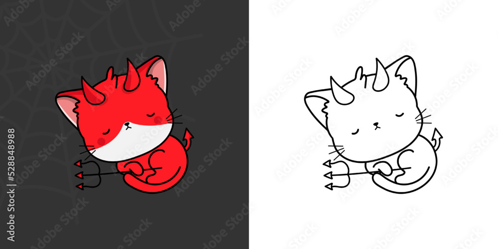 Set Clipart Halloween Kitty Multicolored and Black and White. Kawaii