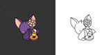 Kawaii Halloween Flittermouse Clipart Multicolored and Black and White. Cute Kawaii Halloween Bat. Cute Vector Illustration of a Kawaii Halloween Animal with Sweets.

