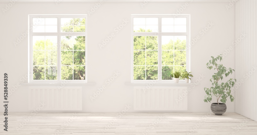 White empty room with summer landscape in window. Scandinavian interior design. 3D illustration White empty room with summer landscape in window. Scandinavian interior design. 3D illustration