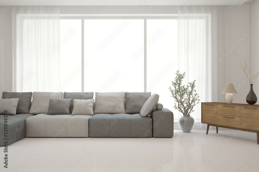 Fototapeta premium White living room with sofa. Scandinavian interior design. 3D illustration