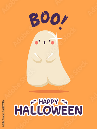 Halloween cute ghost on orange background. lovely and spooky cartoon character. Vector illustration flat design.
