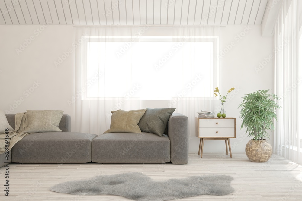 Fototapeta premium White living room with sofa. Scandinavian interior design. 3D illustration