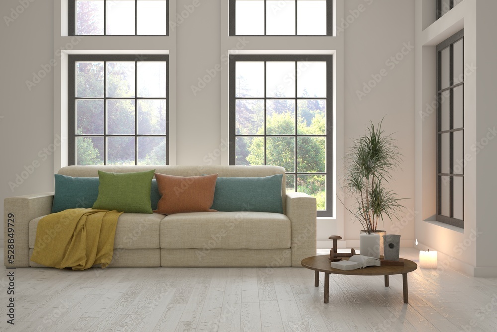 White living room with sofa and summer landscape in window. Scandinavian interior design. 3D illustration White living room with sofa and summer landscape in window. Scandinavian interior design. 3D illustration