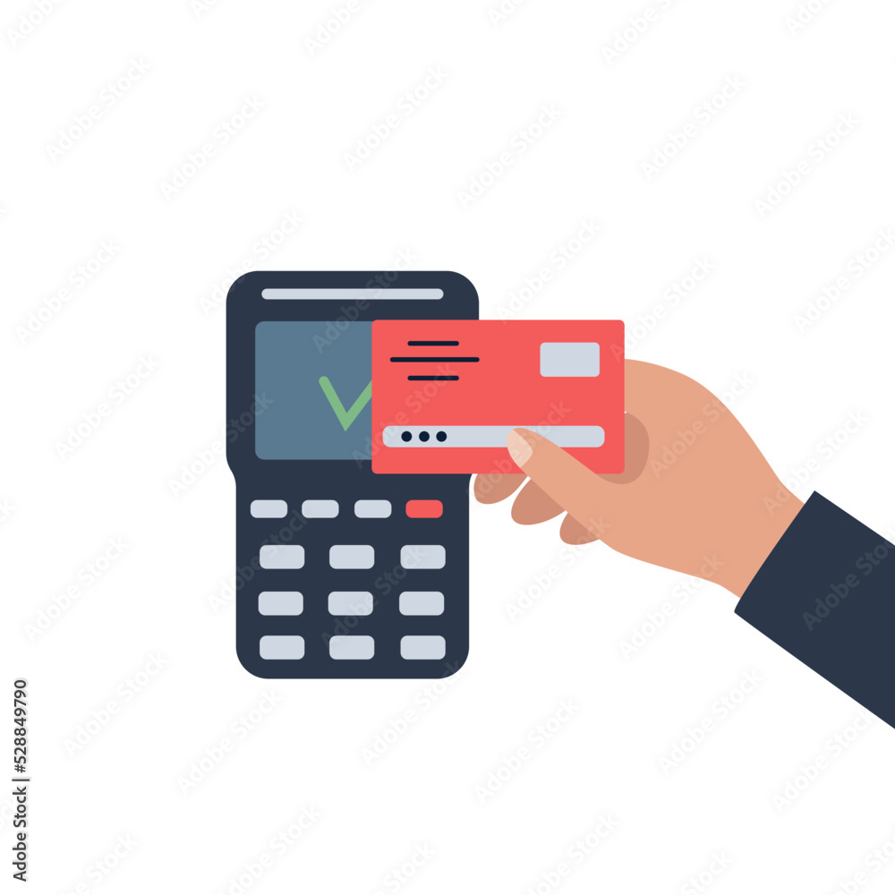 Contactless payment of POS terminal by bank card via wifi. Purchase transaction by credit card. Vector illustration in a flat style. Contactless payment of POS terminal by bank card via wifi. Purchase transaction by credit card. Vector illustration in a flat style.