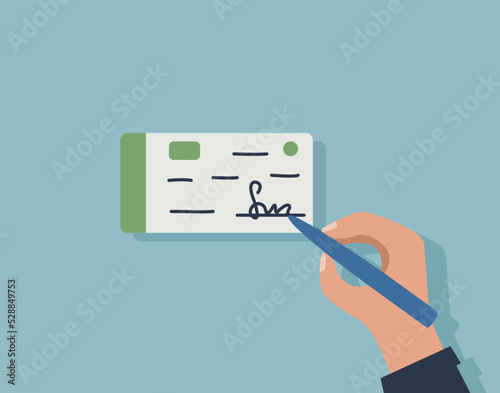 A businessman signs a check for payment or a checkbook. Vector illustration flat cartoon style.