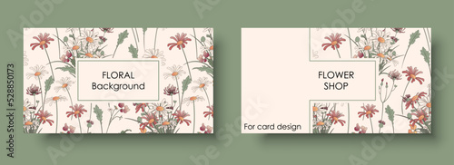Card template with vector floral background. Illustration of wildflowers, chamomile, leaves, grass. For a flower shop postcards, invite design, greeting card, gift card, name card.
