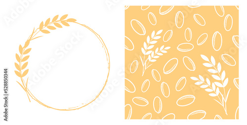Rice plant circle sign logo and Seamless pattern with rice seed on gold background vector illustration.