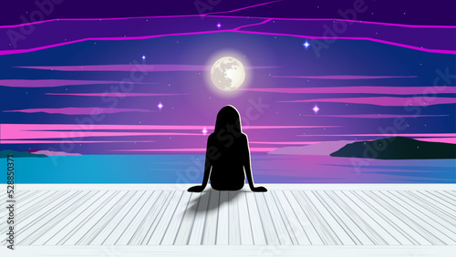 Silhouette girl watching the sea. Vector Illustration