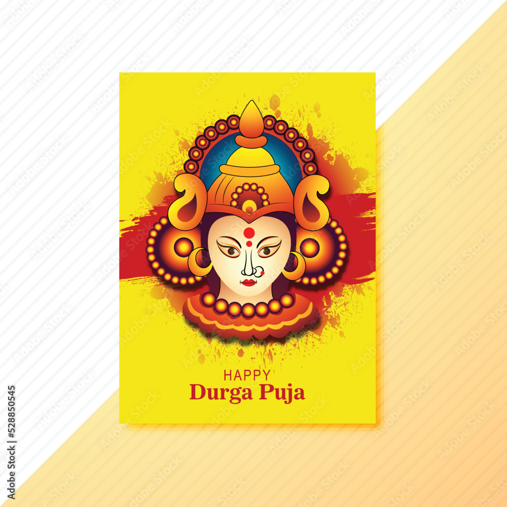 Goddess durga face in happy durga puja subh navratri card brochure template design