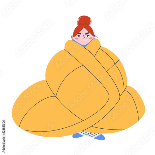 The girl is sitting in a thick blanket. An angry and frozen woman wrapped herself in a blanket. The concept of the onset of cold weather. Flat vector illustration. Eps10