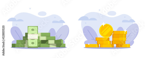 Money pile icon vector or coins stack heap 3d graphic, gold cash and paper currency banknote design cartoon flat sign illustration, wealth prize, penny or cent golden value set image closeup