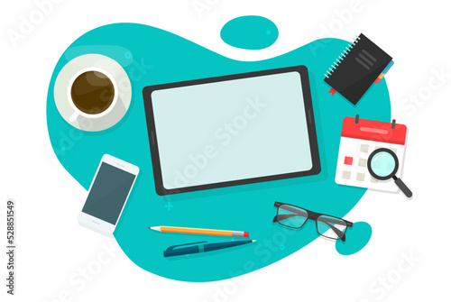 Table desk with tablet computer mockup screen blank empty vector top view or workdesk tabletop using pad above graphic illustration, overhead office flat lay work space modern image