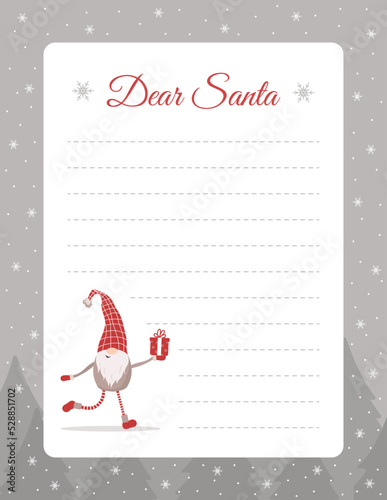 Template for letter to Santa Claus. Christmas layout with cute gnome for wish lists, greeting cards and invitations. Ornate postcard for winter holidays. Vector illustration in flat cartoon style.