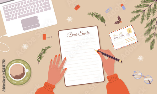 Woman write christmas letter to Santa Claus. Winter holiday wish list. Female hands with notebook sheet page. Top view workplace. Cozy vector illustration in flat cartoon style.